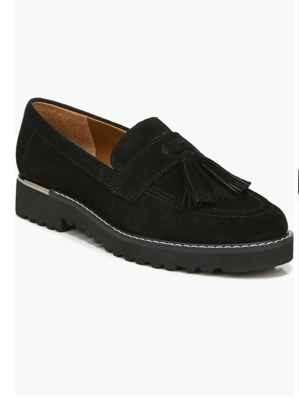 Franco Sarto Carolynn Black Suede Lug Sole Tassel Loafer Silver Trim Size 10